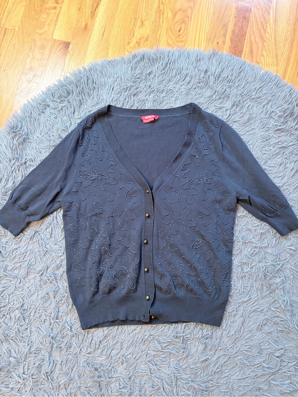 Dorothee Bis Vintage Navy Embroidered Navy V-Neck Cardigan Size XL